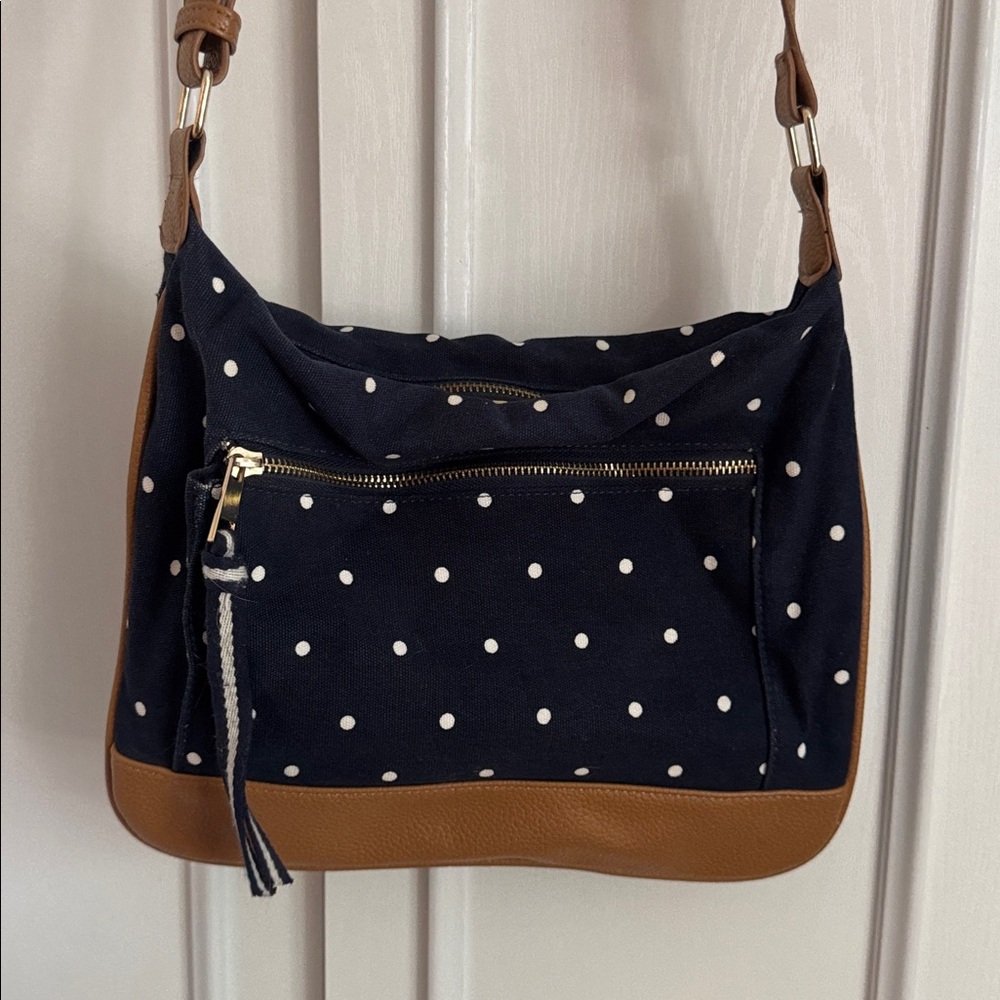 Blue Polka Dot Bag with Brown Accents